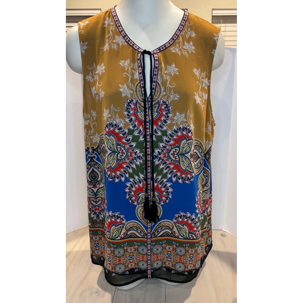 Daniel Rainn Sleeveless Paisley Print Tassel Split Neck Blouse L Boho Festival